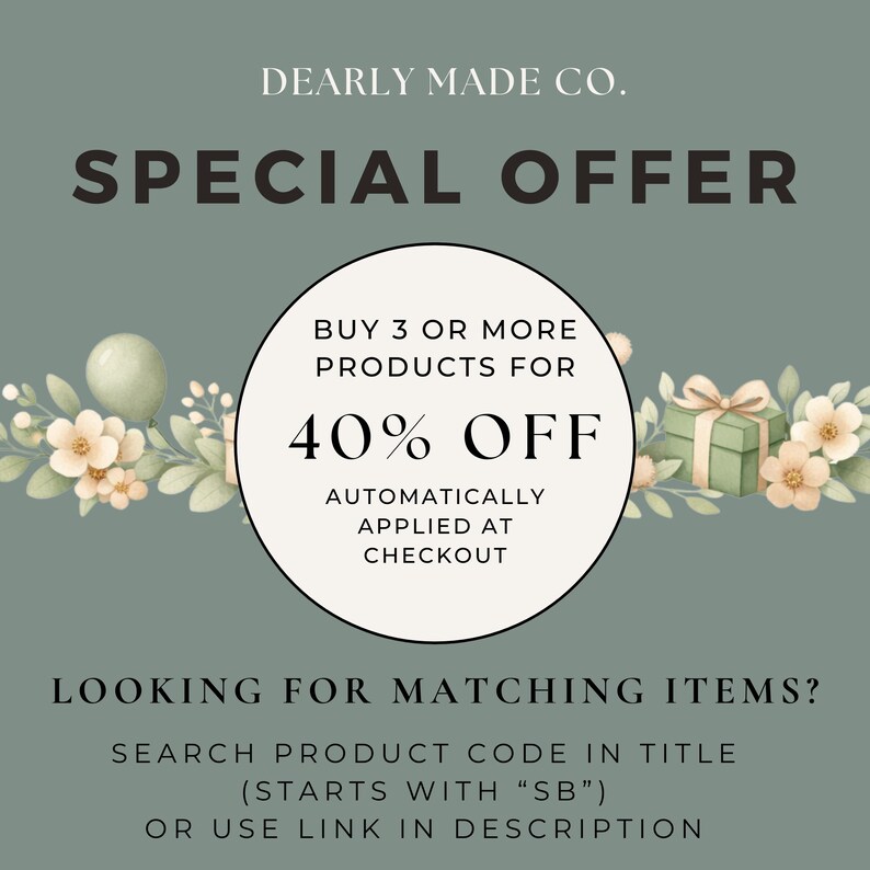 The image is an advertisement for a special offer at a company called "Dearly Made Co." The offer is for buying 3 or more products, with a 40% discount automatically applied at checkout. The company is looking for matching items, and the product code in the title (starts with "SB") or the link in the description is required.