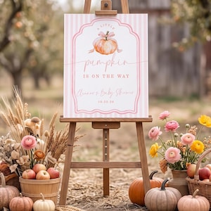 Little Pumpkin Welcome Sign Girl, Preppy Coquette Baby Shower Decor, Pink Stripe Fall Autumn Shower Decor, Editable Template, sb216