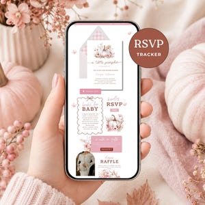 Puede incluir: Una pantalla de smartphone que muestra una invitación digital para baby shower con temática de calabaza. El diseño presenta detalles florales en rosa suave, una ilustración de calabaza y texto que incluye RSVP tracker.