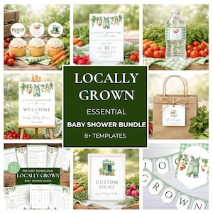 Locally Grown Baby Shower Bundle Digital, Gingham Farmers Market Baby Shower Decor Set, Vegetable Garden Party Printable Kit, sb176