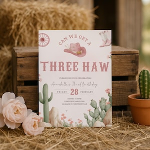 Rodeo Birthday Invitation Three, Third Birthday Rodeo Party Invite, Three Haw Theme, Western Cowgirl 3rd Birthday Invitation Printable sb169