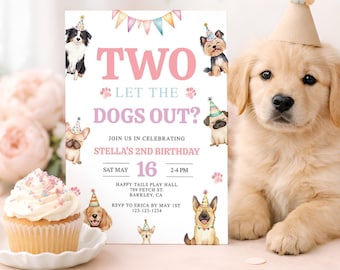 May include: A rectangular birthday invitation card featuring watercolour illustrations of various dog breeds wearing colourful party hats, pastel bunting, and pink paw prints. The text reads: TWO LET THE DOGS OUT? JOIN US IN CELEBRATING STELLA'S 2ND BIRTHDAY.