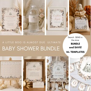 The image is a collage of various baby shower items, including a water bottle, a framed sign, a bag, and other decorations. The text in the image suggests that these items are part of a bundle, and there are 14 different items displayed.