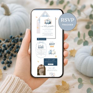 May include: A digital baby shower invitation displayed on a smartphone screen featuring a blue pumpkin illustration, the text a little pumpkin is on the way, RSVP, books for baby, and a diaper raffle section with a blue RSVP tracker circular icon.