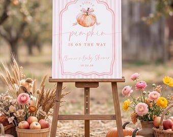 Little Pumpkin Welcome Sign Girl, Preppy Coquette Baby Shower Decor, Pink Stripe Fall Autumn Shower Decor, Editable Template, sb216