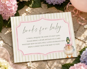 Mallard Duck Books for Baby Invitation Insert, Preppy Hunter Baby Shower Book Request Card, Pink Coquette Editable Template Girl, sb210