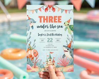 Under The Sea 3rd Birthday Digital Invite, Three Under The Sea Birthday Invitation, Ocean Birthday Party, Editable Printable Template, sb199