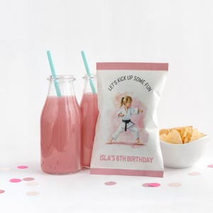 Karate Birthday Chip Bag, Editable Martial Arts Party Favors, Ninja Chip Wrapper Template, Pink Girls Custom Loot Bag Digital Download sb126