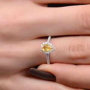 Oval Yellow Sapphire Halo Engagement Ring, Pear Cut Yellow Sapphire Ring, Dainty Genuine Yellow Sapphire Ring, Solid Gold Sapphire Ring