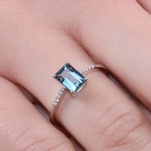 Handmade Emerald Cut London Blue Topaz Ring with Diamonds