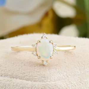 Vintage White Opal Engagement Ring, Solid Gold 14K Handmade Diamond & Opal Ring, Oval Shape White Opal Wedding Ring, Christmas Gifts Sale