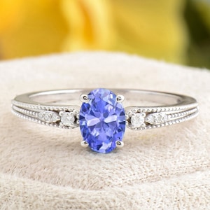 Blauer Tansanit-Verlobungsring, 14K weißes solides Gold ovale Form Tansanit-Ehering, handgemachter natürlicher blauer Tansanit-Verlobungsring