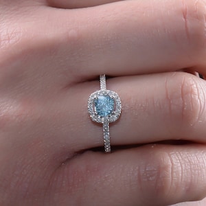 Natural Blue Zircon Ring Cushion Cut Wedding Ring Solid Gold, White Gold Zircon Wedding Ring, Promise Ring, Valentine&#39;s Day Gifts