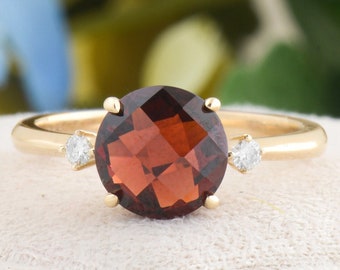 Handmade Round Cut Garnet Ring: Solid Yellow Gold Wedding Promise Ring