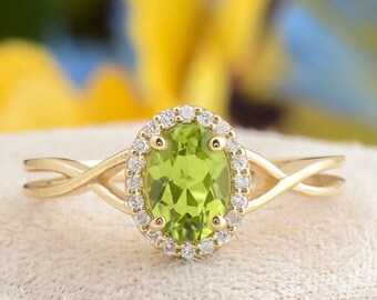 Vintage Oval Peridot Engagement Ring: Yellow Gold Diamond Halo