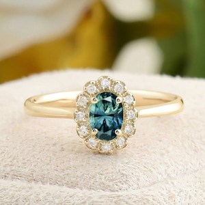 Oval Sapphire Engagement Ring, Vintage Inspired Green Montana Sapphire Diamond Ring, Unique Sapphire Engagement Gold Ring, Mother&#39;s Day Gift