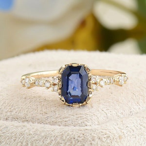 Blue Sapphire Engagement Ring, Emerald Shaped Natural Blue Sapphire, Solid Gold Handmade Blue Sapphire Wedding Ring, Black Friday Sale