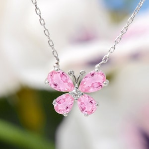 Pink Sapphire Butterfly Necklace, Minimal Sapphire Enamel Butterfly Necklaces, Solid Gold Butterfly Necklaces, Womens Day Gift