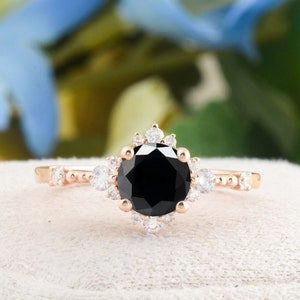Black Diamond Engagement Ring, Round Shape Black Diamond Ring, Solid Gold Black Diamond Ring, Black Diamond Wedding Ring Woman, Gift for Her