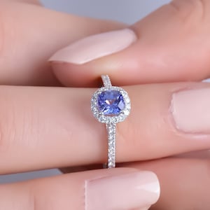 Blue Tanzanite Engagement Ring, 14K Solid Gold Diamond Halo