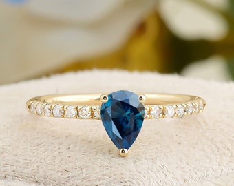 Blue Teal Pear Cut Sapphire Engagement Ring, Solid Gold Handmade Sapphire Dainty Ring, Certified Blue Sapphire Ring, Mother's Day Gift