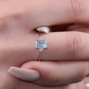 Blue Topaz Wedding Ring, Emerald Cut Blue Gemstone Gold Ring, Natural Certified Blue Topaz Ring, Mother Day Gift, Solid Gold Handmade Ring