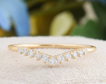 Solid Gold Diamond Dainty Band Ring, Half Eternity Diamond Ring, Womens Half Eternity Wedding Band, Thin Stacking Rings, Handmade Jewelry