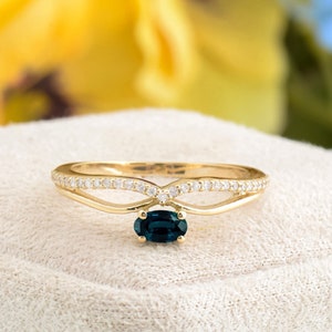 Bague de fiançailles saphir vert, forme ovale en or jaune 14 carats, bague en or massif saphir bleu sarcelle du Montana, cadeau fête des mères, bijoux en saphir