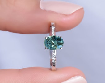 Blue Green Sapphire Engagement Ring, Oval Shaped Blue Green Sapphire, Vintage Teal Sapphire Ring, Valentines Gifts For Her