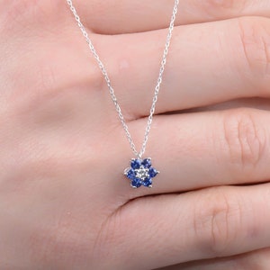 Solid Gold Sapphire Flower Necklace: Dainty Gemstone Pendant