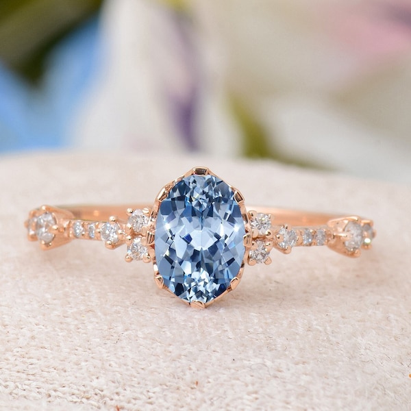 Cornflower Blue Sapphire Engagement Ring, Rose Gold Oval Cut Sapphire Wedding Ring Diamond Cluster Unique Bridal Promise Gift, Handmade Ring