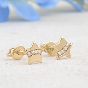 Diamond Earrings, 14K Gold Diamond Screw Back Stud Earrings, Prong Setting Diamond Studs, Genuine Diamond Stud Earrings, Star Earrings