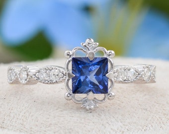 Night Blue Sapphire Engagement Ring: Solid Gold Etched Vintage Ring