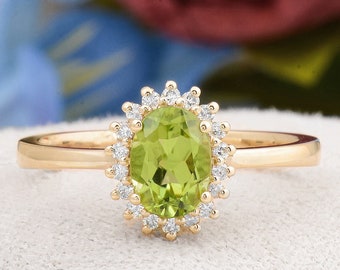 Oval Peridot Engagement Ring: Solid Gold Diamond Halo, Handmade