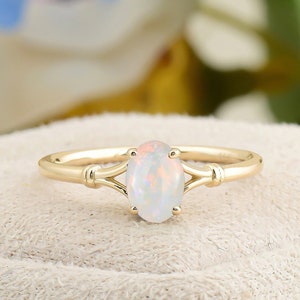 White Opal Engagement Ring Oval Shaped Rose Gold Ring, Certificated Genuine Opal Diamond Wedding Ring, Solitaire White Opal Dainty Ring