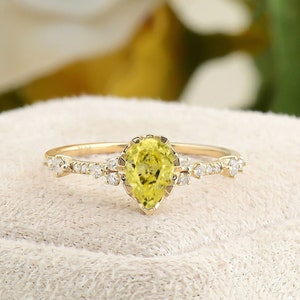 Natural Yellow Sapphire Engagement Ring, Solid Gold Pear Cut Yellow Sapphire Ring, Sapphire Diamond Unique Ring, Christmas Gifts