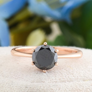 Round Brilliant Cut Black Diamond Solitaire Engagement Ring, Solid Gold Black Diamond Ring, Black Diamond Ring Woman, Promise Ring