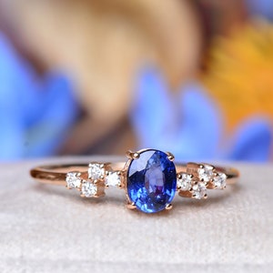 Oval Blue Sapphire Wedding Ring, Sapphire and Diamond Ring, September Birthstone Ring, Minimalist Engagement Ring