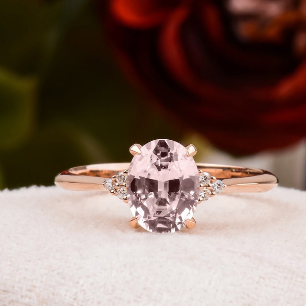 Anillo de compromiso de morganita natural, anillo de morganita ovalada, anillo delicado de diamantes y morganita, anillo de promesa para ella