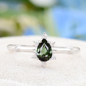 Green Sapphire Engagement Ring, Solid Gold Handmade Diamond and Sapphire Wedding Ring, Pear Cut Green Sapphire, Black Friday Sale