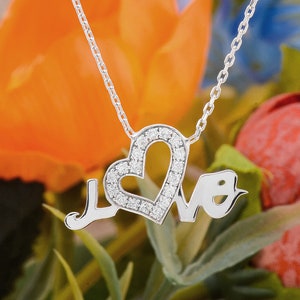 Love Design Diamond Necklace, White Gold Round Diamond Necklace, Minimalist Pendant, Birthday Gift, Mothers Day Gift