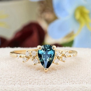 Teal Blue Sapphire Engagement Ring, Solid Gold Pear Cut Sapphire Wedding Ring Diamond Cluster Unique Bridal Promise Gift, Montana Sapphire