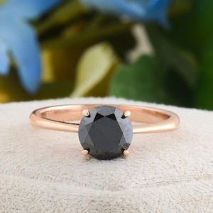 Black Diamond Solitaire Engagement Ring, Solid Gold Round Shape Black Diamond Ring, Black Diamond Ring Woman, Promise Ring, Anniversary Gift