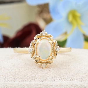 Vintage White Opal Engagement Ring, Solid Gold 14K Handmade Diamond & Opal Ring, Oval Shape White Opal Wedding Ring, Black Friday Gifts Sale