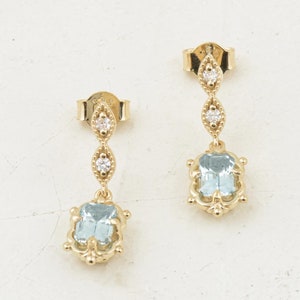 Emerald Dangling Real Diamond Aquamarine Earring 14K Solid Gold Teardrop Dangle Earring, Handmade Solid Gold Blue Aquamarine Earrings