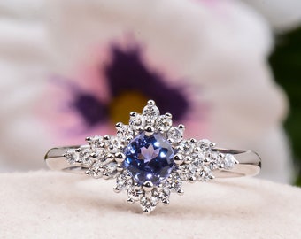Blue Tanzanite Engagement Ring: 14K Solid Gold Diamond Halo