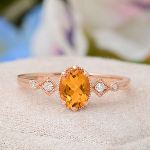 Natural Citrine Oval Shape Gold Diamond Ring, Peach Gemstone Ring, 14K Gold Diamond Ring, Valentines Day Gifts, Birthstone Ring