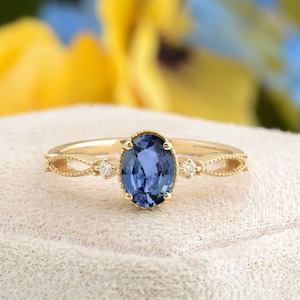 Blue Sapphire Engagement Ring, Solid Gold Handmade Diamond & Sapphire Ring, Certified Blue Sapphire Dainty Ring, Valentine&#39;s Day Gift