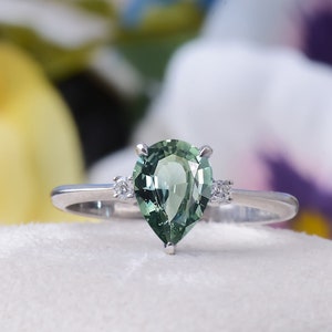Blue Green Sapphire Engagement Ring, Pear Shaped Blue Green Sapphire, Vintage Teal Sapphire Ring, Valentines Gifts For Her