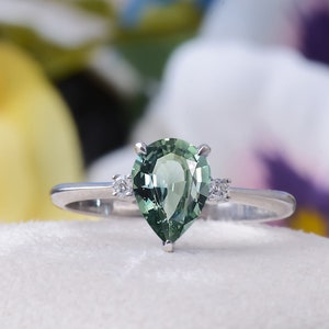 Blue Green Sapphire Engagement Ring, Pear Shaped Blue Green Sapphire, Vintage Teal Sapphire Ring, Valentines Gifts For Her